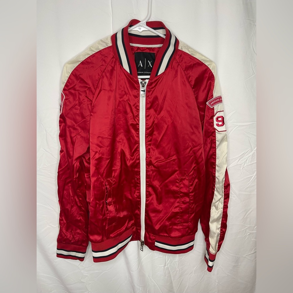 Armani Exchange Red Satin Bomber with White Sleeve Stripes